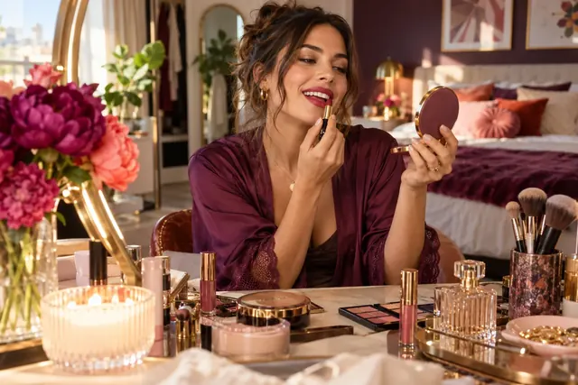 Woman applying lipstick at a vanity table covered with makeup products