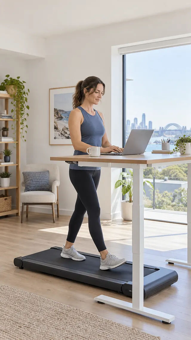 Adult woman using a slim walking pad at a standing desk in a bright home office