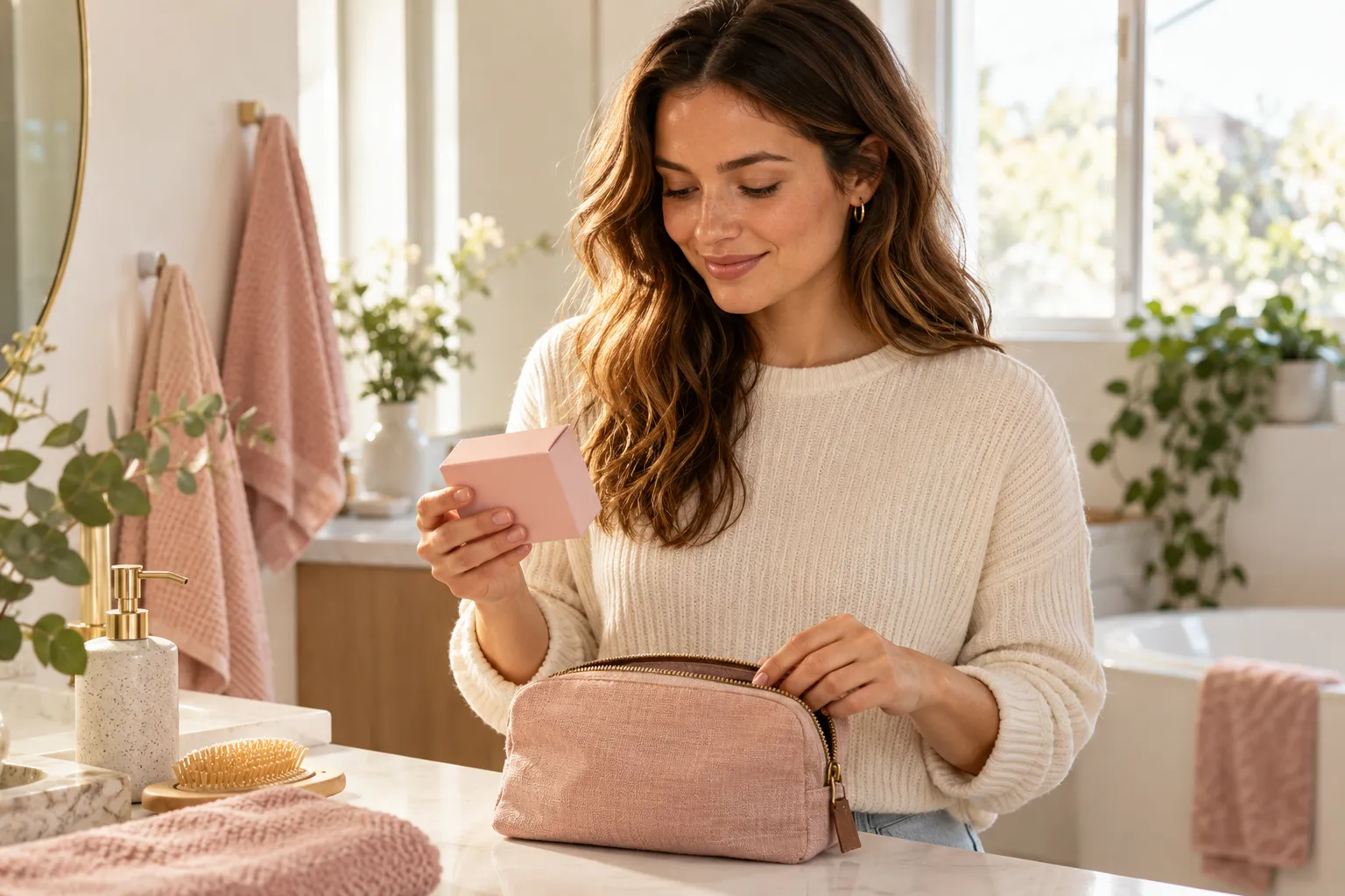 Adult woman holding a plain blush period-care box beside a toiletry pouch; illustrative image, not TOM Organic packaging.