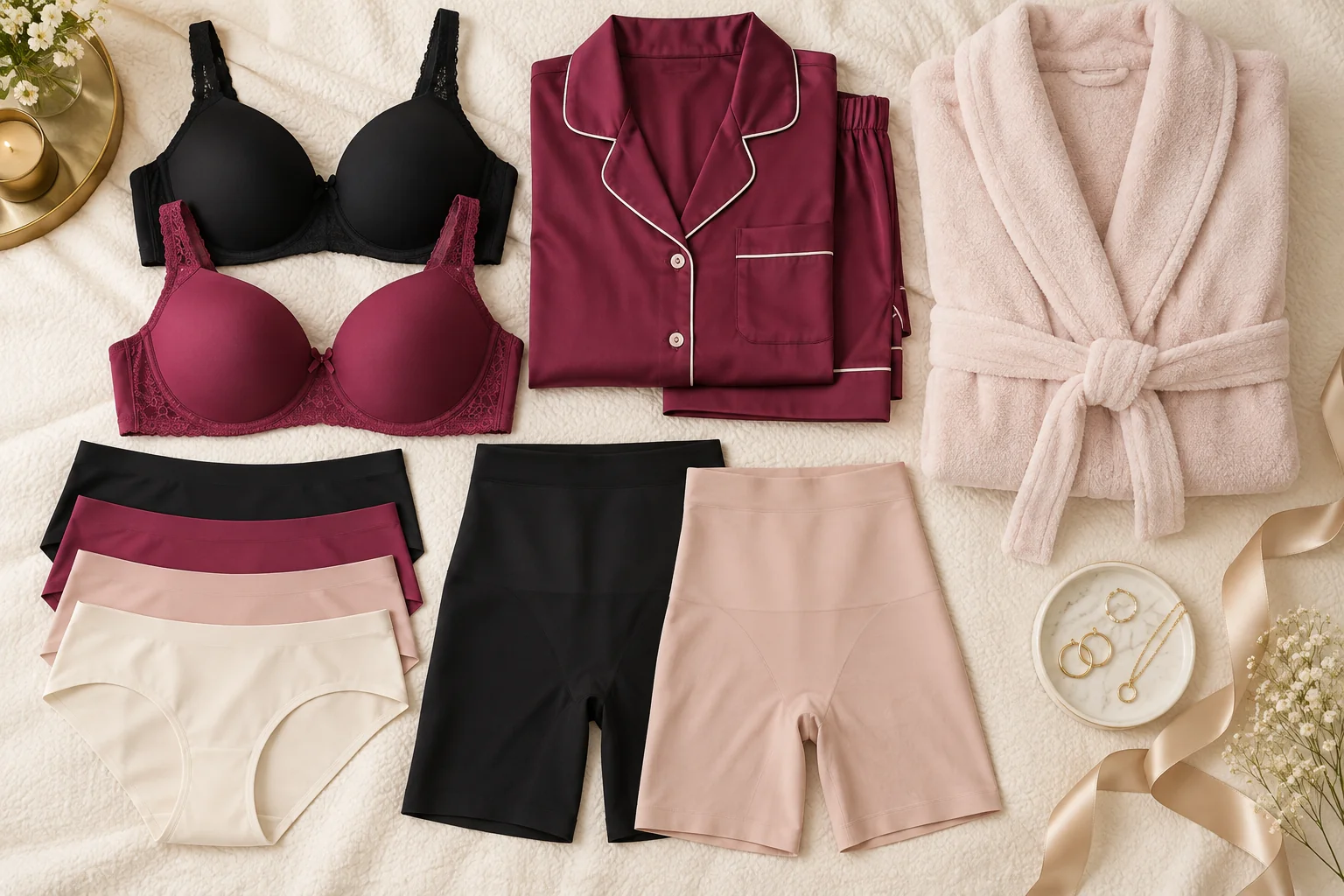 An illustrative arrangement of comfortable everyday underwear and clothing